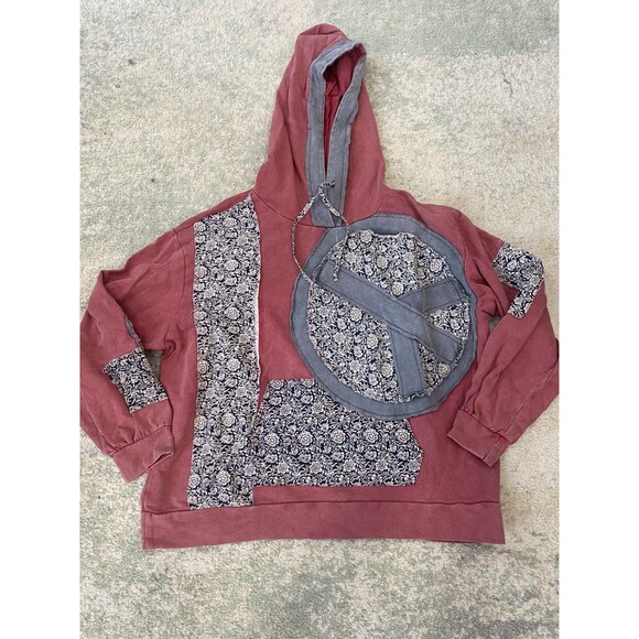 POL Hoodie Size M - Red Blue Hippie Peace Patchwork Distressed Fall Earthy Tones - Picture 1 of 6